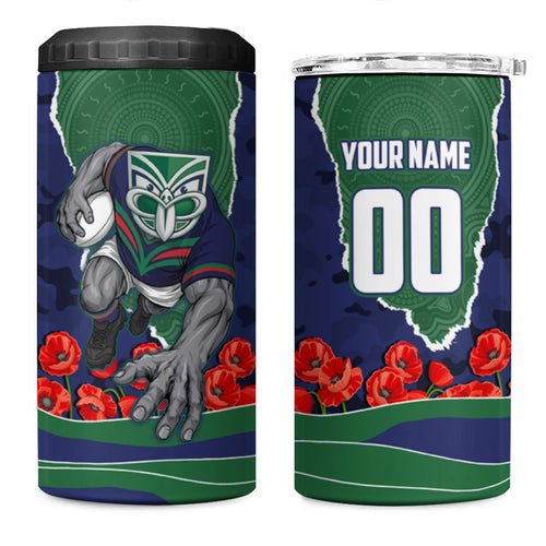 Personalized New Zealand Warriors ANZAC Tribute 4 in 1 Can Cooler Tumbler Poppy Field Soldier Silhouette Aboriginal Rugby Mascot