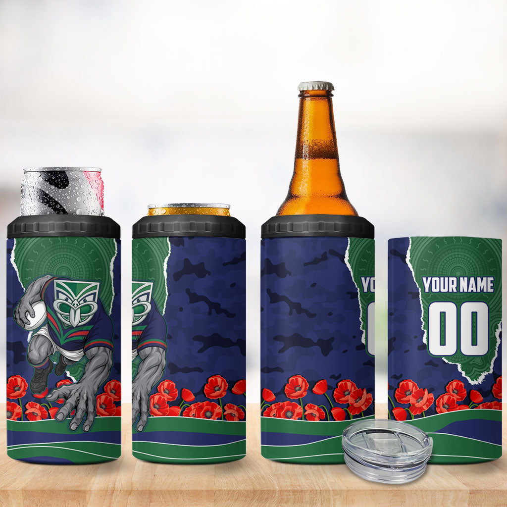 Personalized New Zealand Warriors ANZAC Tribute 4 in 1 Can Cooler Tumbler Poppy Field Soldier Silhouette Aboriginal Rugby Mascot