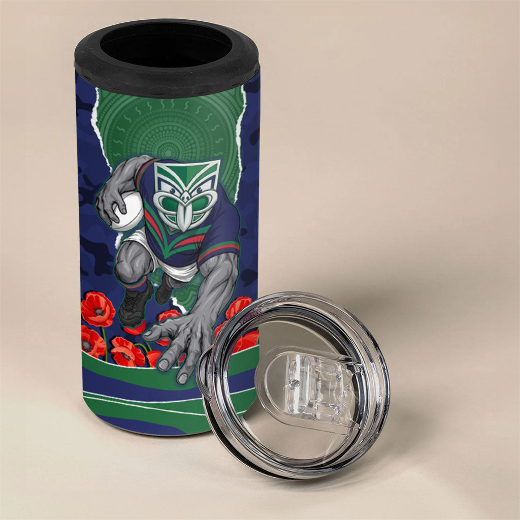 Personalized New Zealand Warriors ANZAC Tribute 4 in 1 Can Cooler Tumbler Poppy Field Soldier Silhouette Aboriginal Rugby Mascot