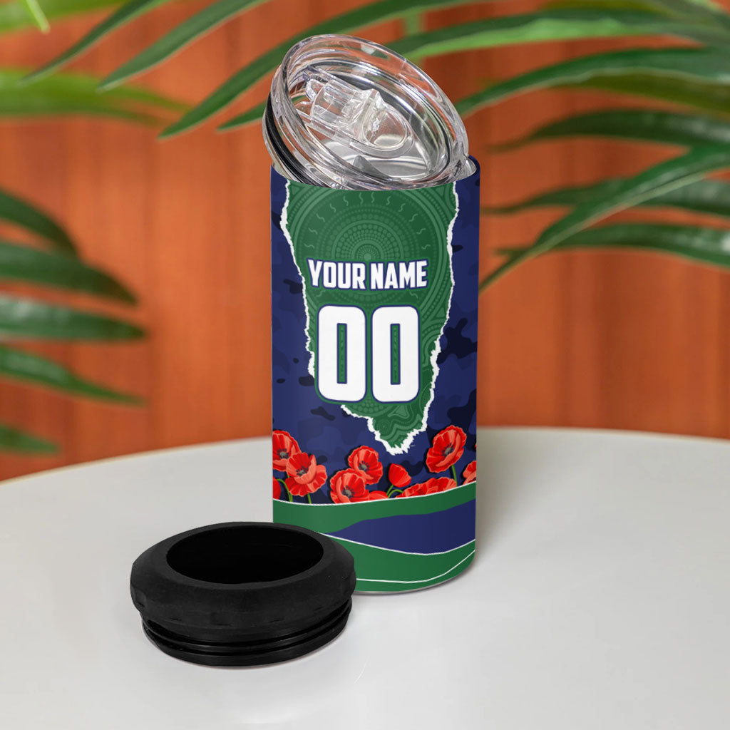 Personalized New Zealand Warriors ANZAC Tribute 4 in 1 Can Cooler Tumbler Poppy Field Soldier Silhouette Aboriginal Rugby Mascot