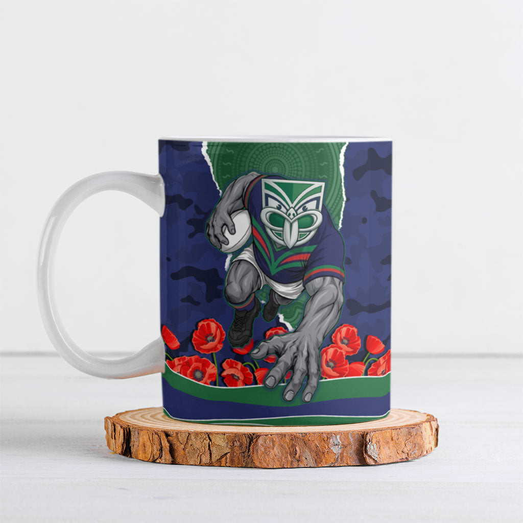 Personalized New Zealand Warriors ANZAC Tribute Ceramic Mug Poppy Field Soldier Silhouette Aboriginal Rugby Mascot