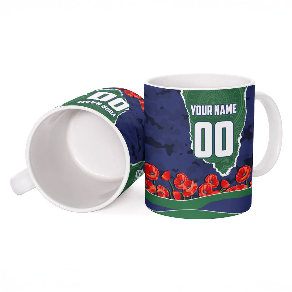 Personalized New Zealand Warriors ANZAC Tribute Ceramic Mug Poppy Field Soldier Silhouette Aboriginal Rugby Mascot