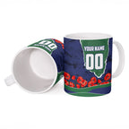 Personalized New Zealand Warriors ANZAC Tribute Ceramic Mug Poppy Field Soldier Silhouette Aboriginal Rugby Mascot