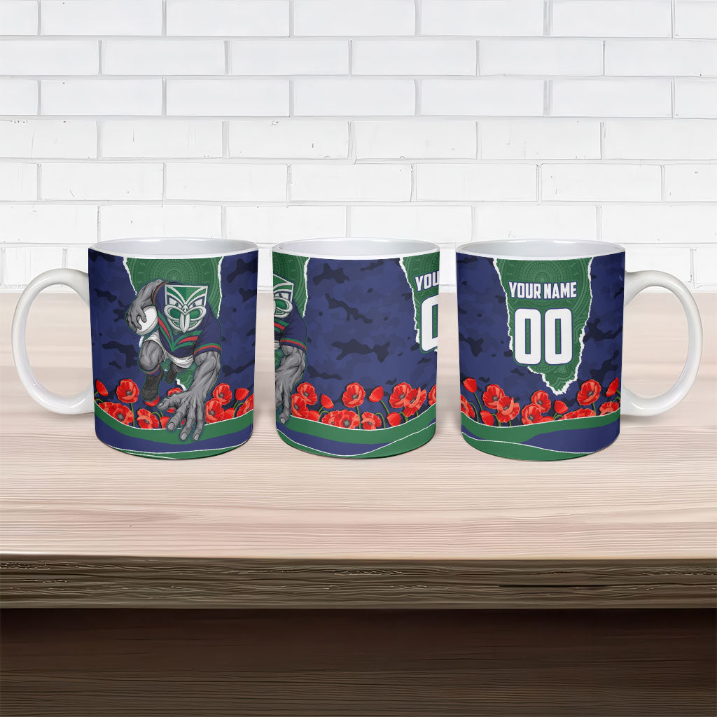 Personalized New Zealand Warriors ANZAC Tribute Ceramic Mug Poppy Field Soldier Silhouette Aboriginal Rugby Mascot
