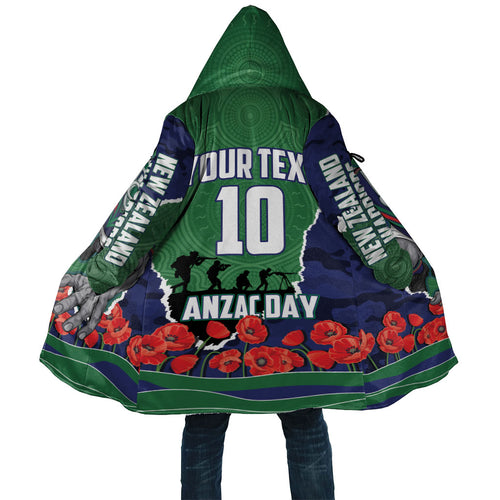 Personalized New Zealand Warriors ANZAC Tribute Cloak Poppy Field Soldier Silhouette Aboriginal Rugby Mascot