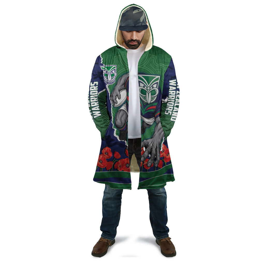Personalized New Zealand Warriors ANZAC Tribute Cloak Poppy Field Soldier Silhouette Aboriginal Rugby Mascot