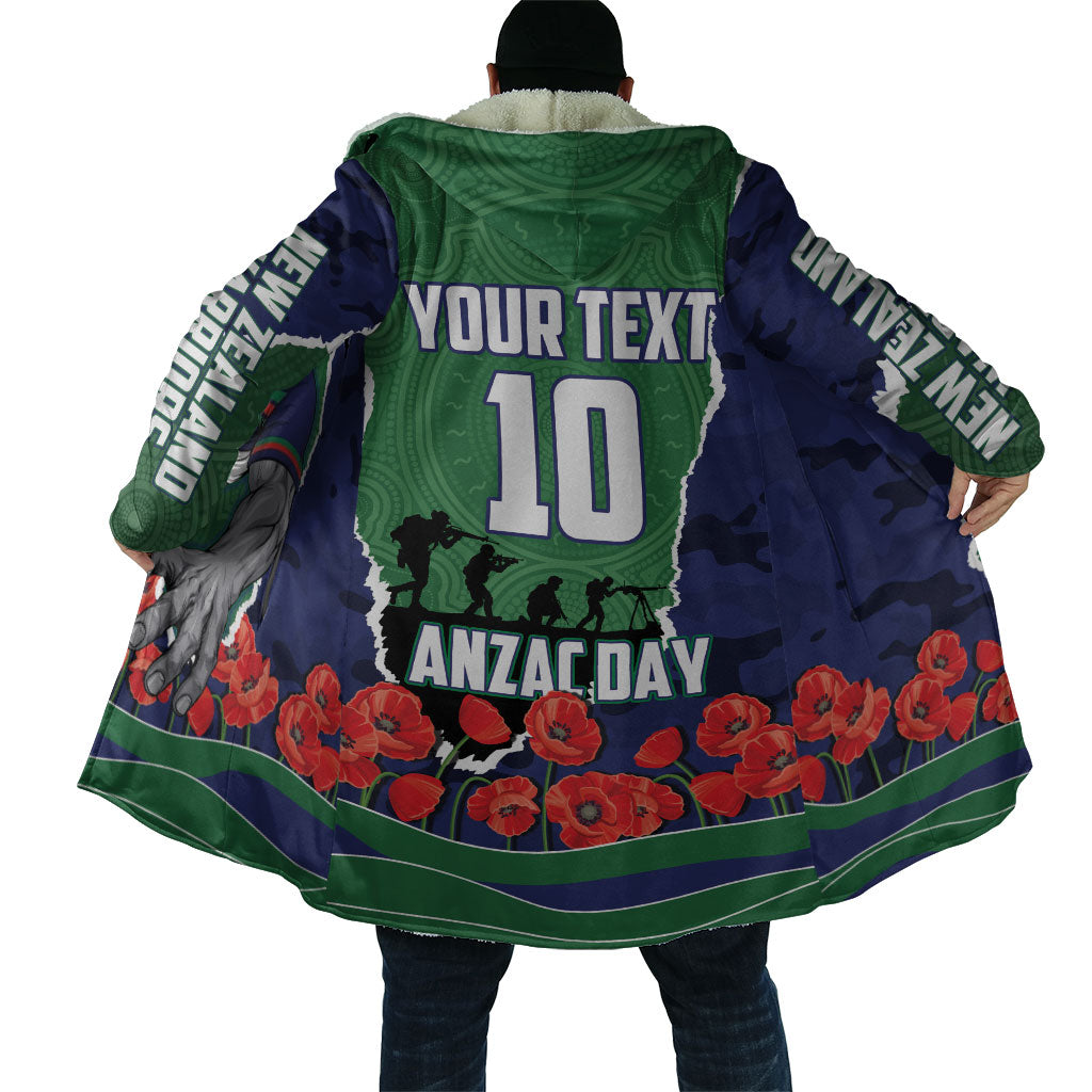 Personalized New Zealand Warriors ANZAC Tribute Cloak Poppy Field Soldier Silhouette Aboriginal Rugby Mascot