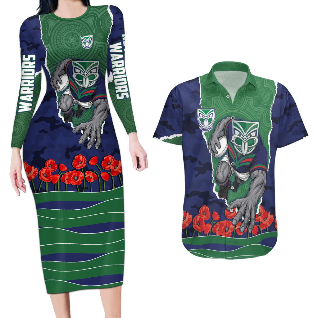 Personalized New Zealand Warriors ANZAC Tribute Couples Matching Long Sleeve Bodycon Dress and Hawaiian Shirt Poppy Field Soldier Silhouette Aboriginal Rugby Mascot