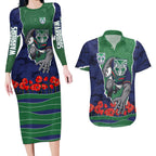 Personalized New Zealand Warriors ANZAC Tribute Couples Matching Long Sleeve Bodycon Dress and Hawaiian Shirt Poppy Field Soldier Silhouette Aboriginal Rugby Mascot