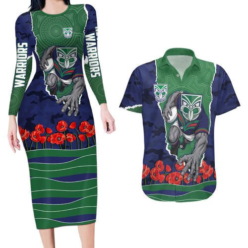 Personalized New Zealand Warriors ANZAC Tribute Couples Matching Long Sleeve Bodycon Dress and Hawaiian Shirt Poppy Field Soldier Silhouette Aboriginal Rugby Mascot