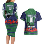 Personalized New Zealand Warriors ANZAC Tribute Couples Matching Long Sleeve Bodycon Dress and Hawaiian Shirt Poppy Field Soldier Silhouette Aboriginal Rugby Mascot