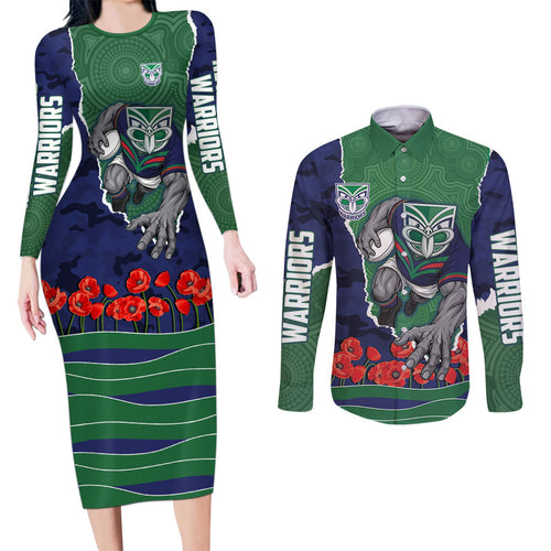 Personalized New Zealand Warriors ANZAC Tribute Couples Matching Long Sleeve Bodycon Dress and Long Sleeve Button Shirt Poppy Field Soldier Silhouette Aboriginal Rugby Mascot