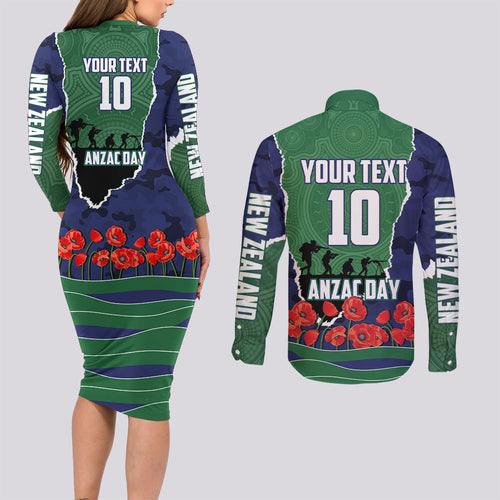 Personalized New Zealand Warriors ANZAC Tribute Couples Matching Long Sleeve Bodycon Dress and Long Sleeve Button Shirt Poppy Field Soldier Silhouette Aboriginal Rugby Mascot