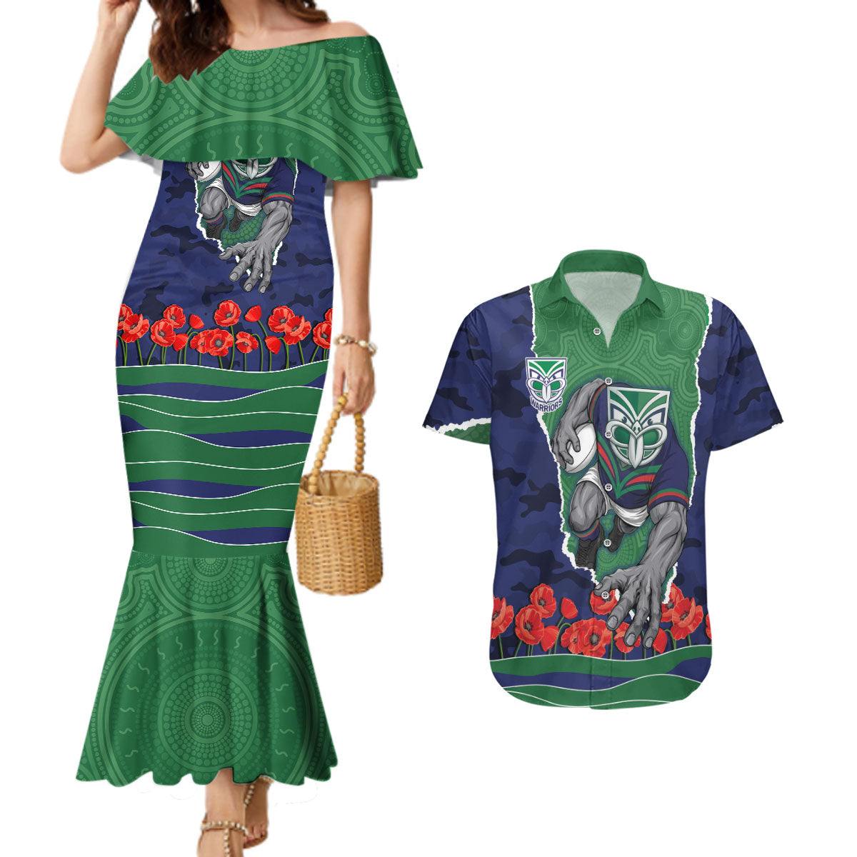 Personalized New Zealand Warriors ANZAC Tribute Couples Matching Mermaid Dress and Hawaiian Shirt Poppy Field Soldier Silhouette Aboriginal Rugby Mascot
