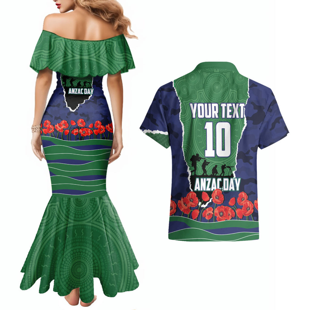 Personalized New Zealand Warriors ANZAC Tribute Couples Matching Mermaid Dress and Hawaiian Shirt Poppy Field Soldier Silhouette Aboriginal Rugby Mascot