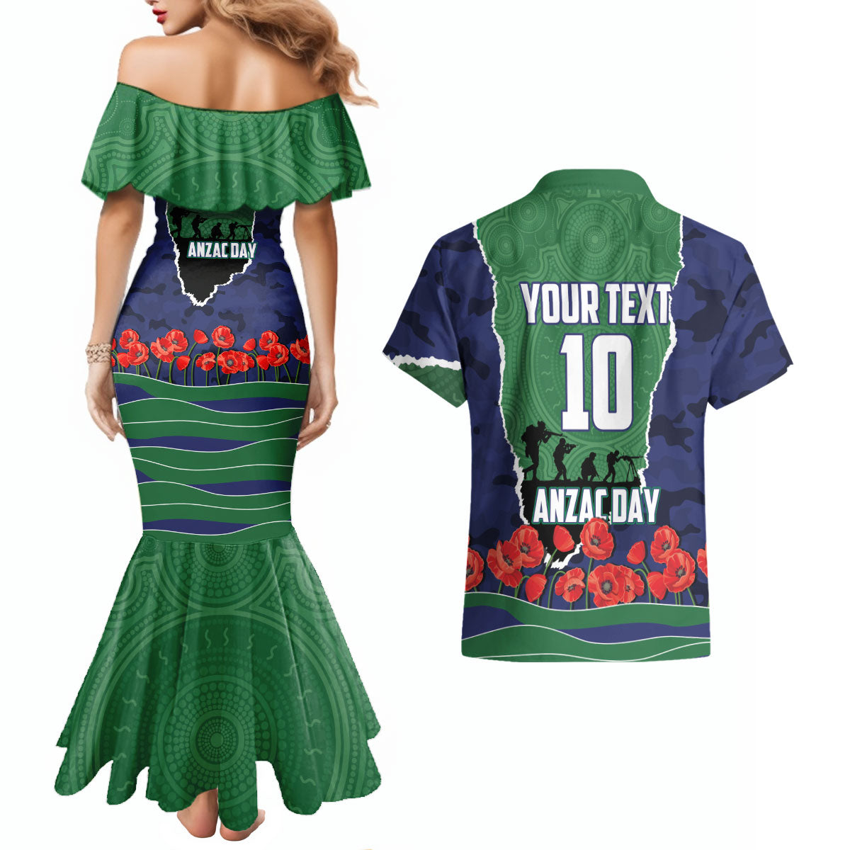 Personalized New Zealand Warriors ANZAC Tribute Couples Matching Mermaid Dress and Hawaiian Shirt Poppy Field Soldier Silhouette Aboriginal Rugby Mascot