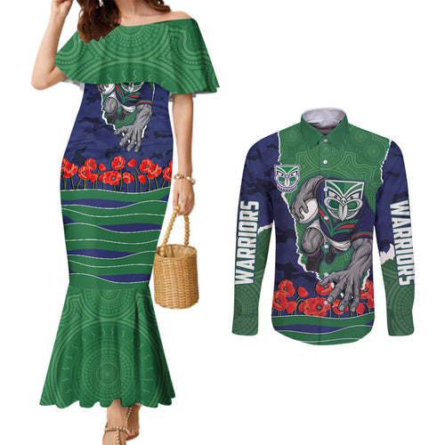 Personalized New Zealand Warriors ANZAC Tribute Couples Matching Mermaid Dress and Long Sleeve Button Shirt Poppy Field Soldier Silhouette Aboriginal Rugby Mascot