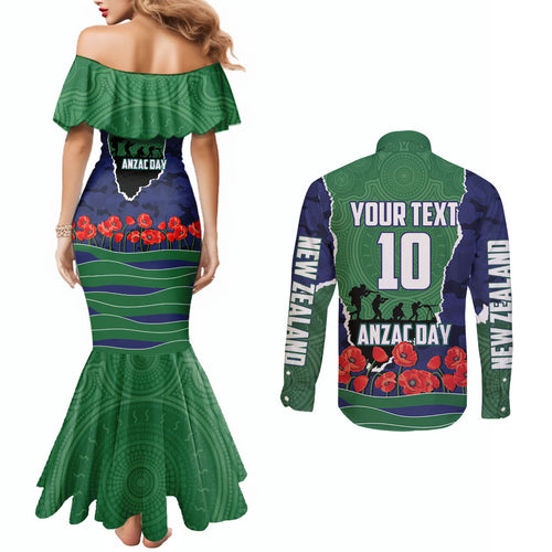 Personalized New Zealand Warriors ANZAC Tribute Couples Matching Mermaid Dress and Long Sleeve Button Shirt Poppy Field Soldier Silhouette Aboriginal Rugby Mascot