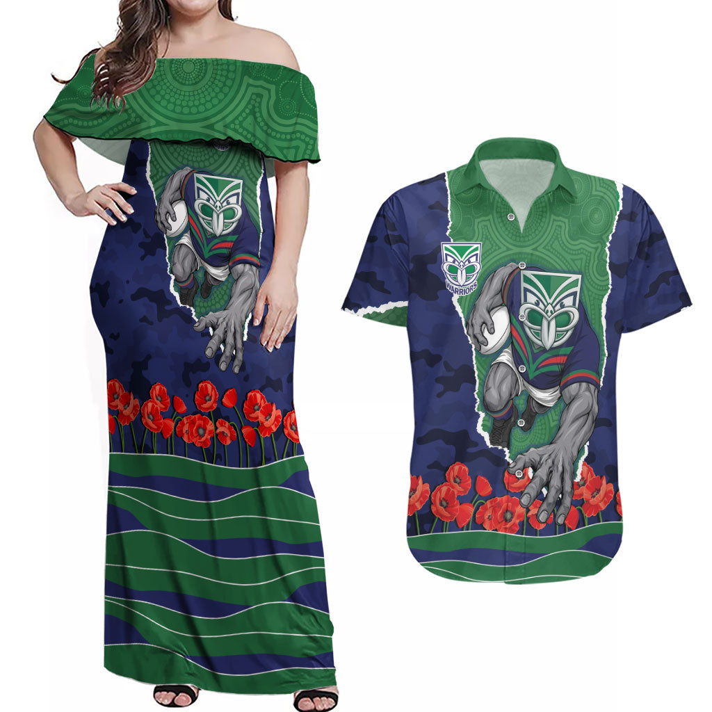 Personalized New Zealand Warriors ANZAC Tribute Couples Matching Off Shoulder Maxi Dress and Hawaiian Shirt Poppy Field Soldier Silhouette Aboriginal Rugby Mascot