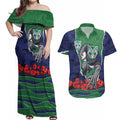Personalized New Zealand Warriors ANZAC Tribute Couples Matching Off Shoulder Maxi Dress and Hawaiian Shirt Poppy Field Soldier Silhouette Aboriginal Rugby Mascot