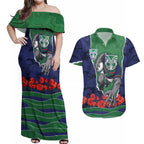 Personalized New Zealand Warriors ANZAC Tribute Couples Matching Off Shoulder Maxi Dress and Hawaiian Shirt Poppy Field Soldier Silhouette Aboriginal Rugby Mascot