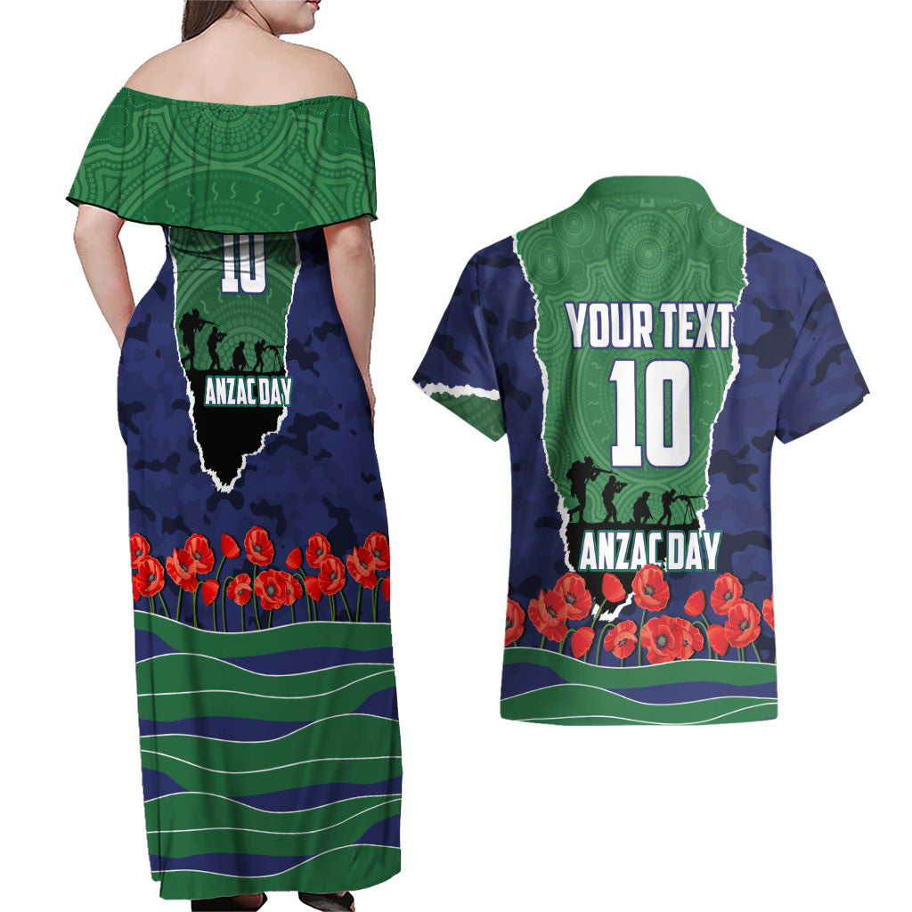 Personalized New Zealand Warriors ANZAC Tribute Couples Matching Off Shoulder Maxi Dress and Hawaiian Shirt Poppy Field Soldier Silhouette Aboriginal Rugby Mascot