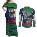 Personalized New Zealand Warriors ANZAC Tribute Couples Matching Off Shoulder Maxi Dress and Long Sleeve Button Shirt Poppy Field Soldier Silhouette Aboriginal Rugby Mascot