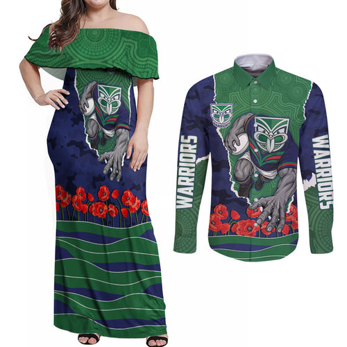 Personalized New Zealand Warriors ANZAC Tribute Couples Matching Off Shoulder Maxi Dress and Long Sleeve Button Shirt Poppy Field Soldier Silhouette Aboriginal Rugby Mascot