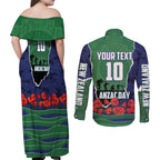 Personalized New Zealand Warriors ANZAC Tribute Couples Matching Off Shoulder Maxi Dress and Long Sleeve Button Shirt Poppy Field Soldier Silhouette Aboriginal Rugby Mascot