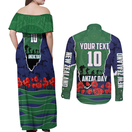 Personalized New Zealand Warriors ANZAC Tribute Couples Matching Off Shoulder Maxi Dress and Long Sleeve Button Shirt Poppy Field Soldier Silhouette Aboriginal Rugby Mascot