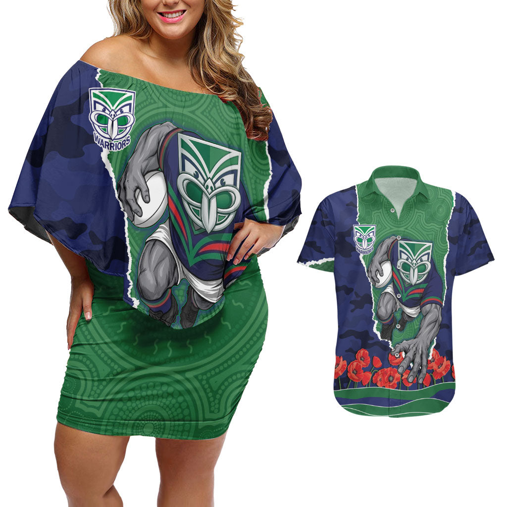 Personalized New Zealand Warriors ANZAC Tribute Couples Matching Off Shoulder Short Dress and Hawaiian Shirt Poppy Field Soldier Silhouette Aboriginal Rugby Mascot