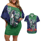 Personalized New Zealand Warriors ANZAC Tribute Couples Matching Off Shoulder Short Dress and Hawaiian Shirt Poppy Field Soldier Silhouette Aboriginal Rugby Mascot