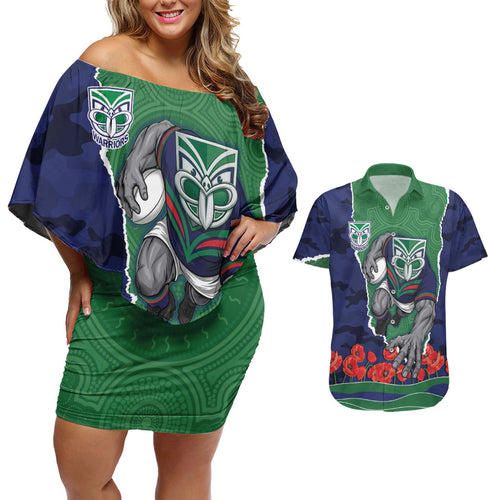 Personalized New Zealand Warriors ANZAC Tribute Couples Matching Off Shoulder Short Dress and Hawaiian Shirt Poppy Field Soldier Silhouette Aboriginal Rugby Mascot