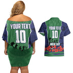 Personalized New Zealand Warriors ANZAC Tribute Couples Matching Off Shoulder Short Dress and Hawaiian Shirt Poppy Field Soldier Silhouette Aboriginal Rugby Mascot