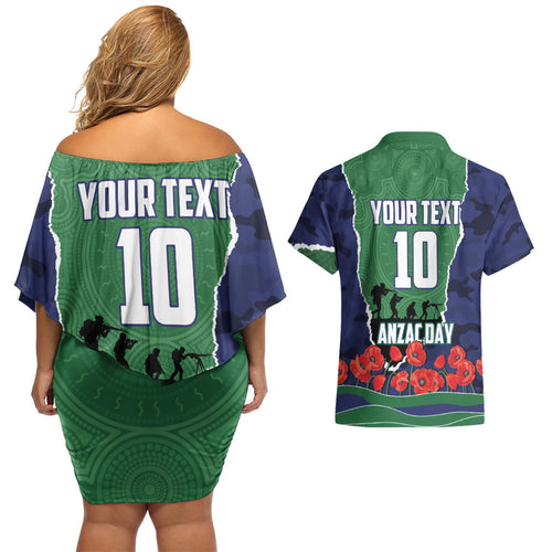 Personalized New Zealand Warriors ANZAC Tribute Couples Matching Off Shoulder Short Dress and Hawaiian Shirt Poppy Field Soldier Silhouette Aboriginal Rugby Mascot