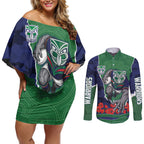 Personalized New Zealand Warriors ANZAC Tribute Couples Matching Off Shoulder Short Dress and Long Sleeve Button Shirt Poppy Field Soldier Silhouette Aboriginal Rugby Mascot