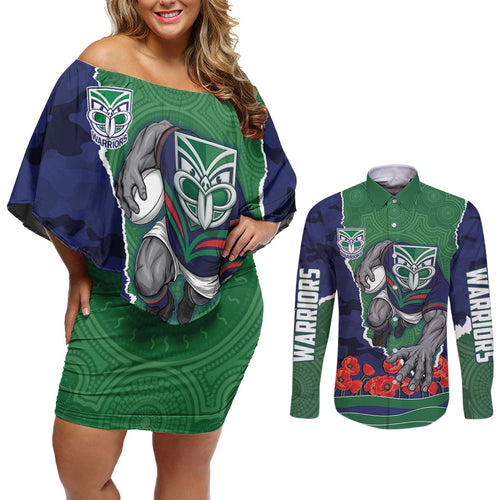 Personalized New Zealand Warriors ANZAC Tribute Couples Matching Off Shoulder Short Dress and Long Sleeve Button Shirt Poppy Field Soldier Silhouette Aboriginal Rugby Mascot
