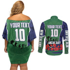 Personalized New Zealand Warriors ANZAC Tribute Couples Matching Off Shoulder Short Dress and Long Sleeve Button Shirt Poppy Field Soldier Silhouette Aboriginal Rugby Mascot
