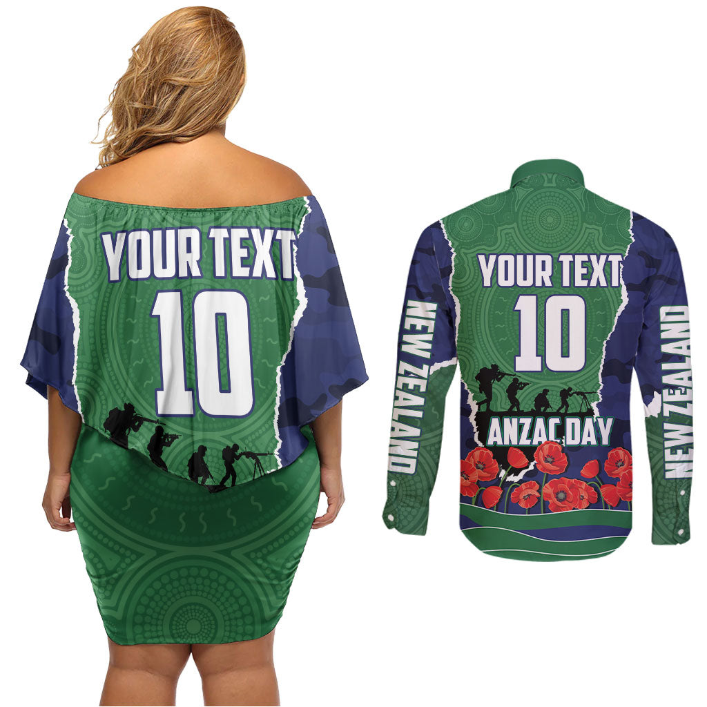 Personalized New Zealand Warriors ANZAC Tribute Couples Matching Off Shoulder Short Dress and Long Sleeve Button Shirt Poppy Field Soldier Silhouette Aboriginal Rugby Mascot
