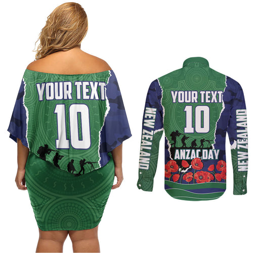 Personalized New Zealand Warriors ANZAC Tribute Couples Matching Off Shoulder Short Dress and Long Sleeve Button Shirt Poppy Field Soldier Silhouette Aboriginal Rugby Mascot