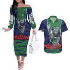 Personalized New Zealand Warriors ANZAC Tribute Couples Matching Off The Shoulder Long Sleeve Dress and Hawaiian Shirt Poppy Field Soldier Silhouette Aboriginal Rugby Mascot