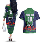 Personalized New Zealand Warriors ANZAC Tribute Couples Matching Off The Shoulder Long Sleeve Dress and Hawaiian Shirt Poppy Field Soldier Silhouette Aboriginal Rugby Mascot