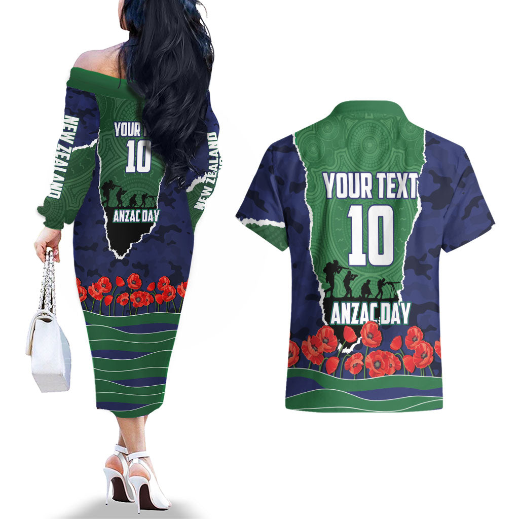 Personalized New Zealand Warriors ANZAC Tribute Couples Matching Off The Shoulder Long Sleeve Dress and Hawaiian Shirt Poppy Field Soldier Silhouette Aboriginal Rugby Mascot