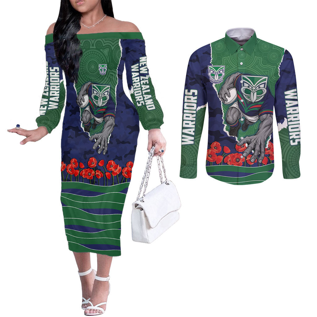 Personalized New Zealand Warriors ANZAC Tribute Couples Matching Off The Shoulder Long Sleeve Dress and Long Sleeve Button Shirt Poppy Field Soldier Silhouette Aboriginal Rugby Mascot