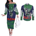 Personalized New Zealand Warriors ANZAC Tribute Couples Matching Off The Shoulder Long Sleeve Dress and Long Sleeve Button Shirt Poppy Field Soldier Silhouette Aboriginal Rugby Mascot