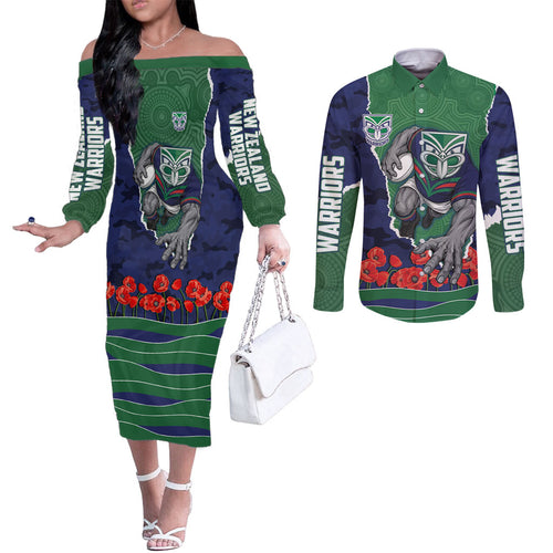 Personalized New Zealand Warriors ANZAC Tribute Couples Matching Off The Shoulder Long Sleeve Dress and Long Sleeve Button Shirt Poppy Field Soldier Silhouette Aboriginal Rugby Mascot