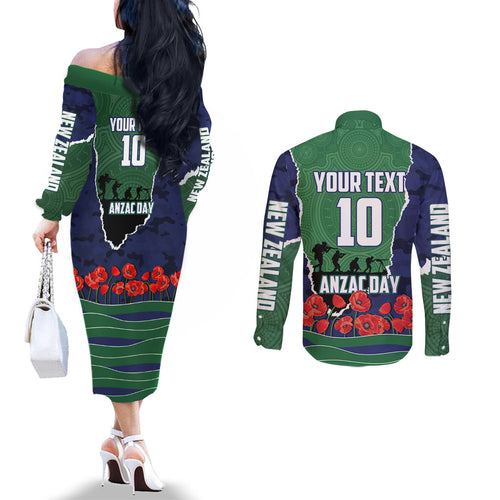 Personalized New Zealand Warriors ANZAC Tribute Couples Matching Off The Shoulder Long Sleeve Dress and Long Sleeve Button Shirt Poppy Field Soldier Silhouette Aboriginal Rugby Mascot