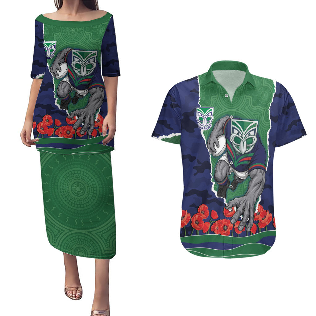 Personalized New Zealand Warriors ANZAC Tribute Couples Matching Puletasi and Hawaiian Shirt Poppy Field Soldier Silhouette Aboriginal Rugby Mascot