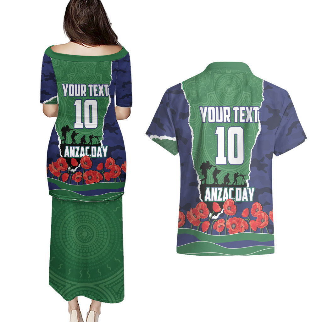 Personalized New Zealand Warriors ANZAC Tribute Couples Matching Puletasi and Hawaiian Shirt Poppy Field Soldier Silhouette Aboriginal Rugby Mascot