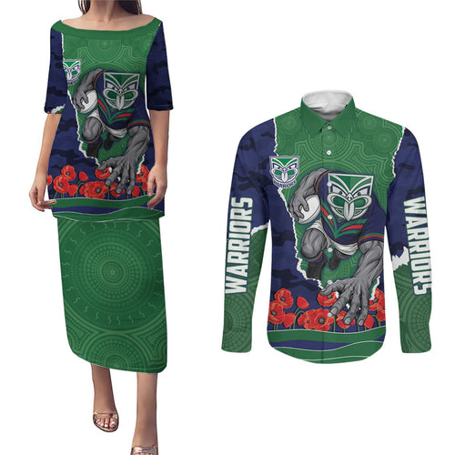 Personalized New Zealand Warriors ANZAC Tribute Couples Matching Puletasi and Long Sleeve Button Shirt Poppy Field Soldier Silhouette Aboriginal Rugby Mascot